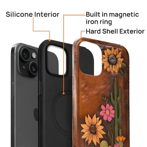 Magnetic Case for iPhone 15, Compatible with Magsafe,PC Hard Shell Silicone Inner Bumper Anti-Scratch Full-Body Cover Shockproof Slim Design Retro Cactus Sunflower - color: Retro Cactus Sunflower, size: iPhone 15