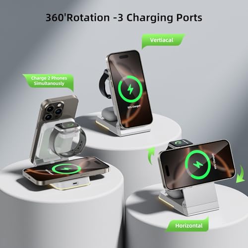 Aluminum 3 in 1 Wireless Charging Station,Foldable Wireless Charger for Apple Magsafe with Light,Portable Travel Magnetic Charger Stand for iPhone 17/16/15/14,Watch,Airpod,with PD 20W Adapter & Case - color: Silver