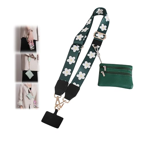 Phone Strap with Zippered Pouch, Clip and Go Strap for Phone with Wallet Crossbody - color: Green Flower