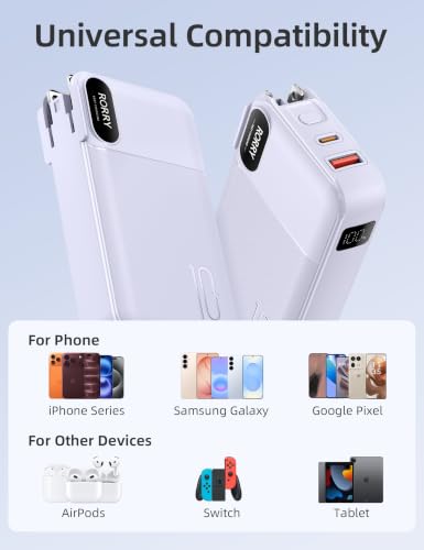 RORRY Portable Charger 3 in 1 with Wall Plug 10000mAh Power Bank for iPhone - color: Purple
