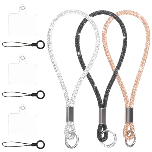 3 Pcs Bling Rhinestone Phone Wrist Strap Full Diamond Pendant Wrist Strap Bling Keychain Wristlet Lanyard for Women Phone Charms Case Straps with Tether Tab and Pad (Champagne, Silver, Black 7.48 In)