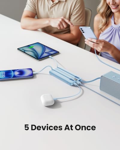 10000mAh Portable Charger, Slim Power Bank with Built-in Cables, Battery Pack 5 Outputs 2 Inputs LED Display Compatible with iPhone/Android & More (Blue) - color: Blue