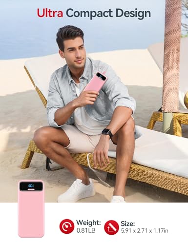 aonidi Portable Charger 20000mAh with Built-in Cables&AC Wall Plug, Pink - color: Light Pink