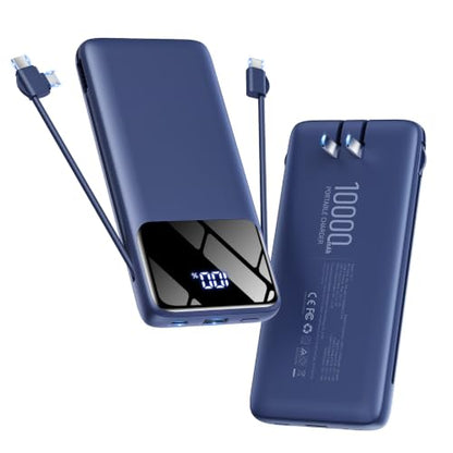 Portable Charger 10000mAh Power Bank with Built-in Cables and Wall Plug