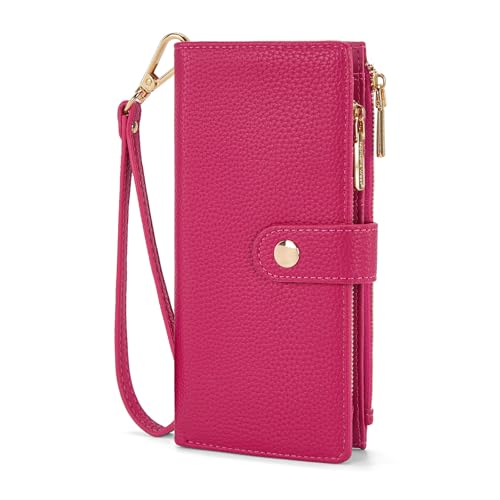 Montana West Womens Wallet Wristlet Ladies Female Large RFID Wallet Large Capacity Credit Card Phone Wallets Minimalist Casual Travel Clutch Wallets with ID Window for Valentine's Day - color: Hot Pink