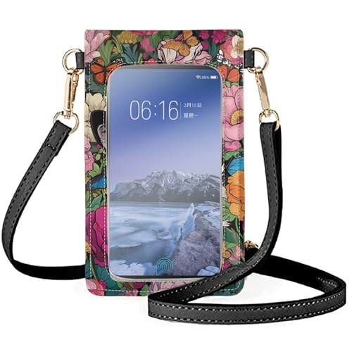 Cute Cat Crossbody Phone Holder Bags for Outdoor Floral Women Crossbody Purse with Touchscreen Window Lightweight Roomy Cell Phone Purse Wallet Birthday, Christmas Gift