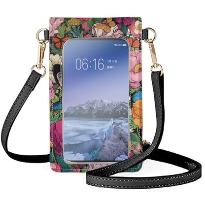 Cute Cat Crossbody Phone Holder Bags for Outdoor Floral Women Crossbody Purse with Touchscreen Window Lightweight Roomy Cell Phone Purse Wallet Birthday, Christmas Gift