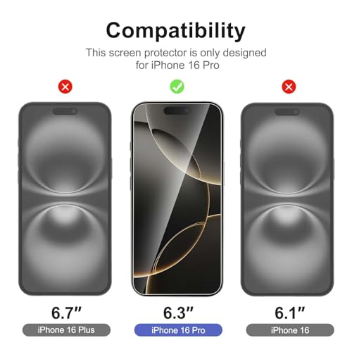 NEW'C 2 Pack for iPhone 16 Pro Screen Protector (6.3 inches) + 2 Pack Camera Lens Protector, Sensor Protection, Case Friendly Tempered Glass Film - Easy installation tool included - size: 16 Pro 6.3 inches
