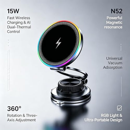 15W Fast Wireless Car Charger, Magnetic Dashboard Phone Holder, 360 Rotating Foldable Bracket, Compatible with MagSafe, Strong N52 Magnet & Gel Suction for iPhone17/16/15 pro and Samsung (Black) - color: Black