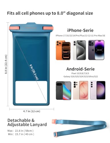 wellhouse Waterproof Phone Pouch, Waterproof Phone Case for iPhone 17 16 15 14 13 Pro Max XS Samsung, IPX8 3D Cellphone Dry Bag Beach Essentials (1 Pack - Blue8.0, 8 inch) - color: 1 Pack - Blue8.0"