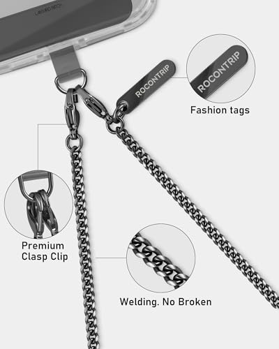 ROCONTRIP Metal Phone Chain Set Including Crossbody Phone Lanyard and Wrist Strap with 2*Tether Tabs Detachable iPhone Chain Strap Non-rust,Unbreak iPhone Wristlet Strap for Women Travel Essentials - color: Black, size: Long