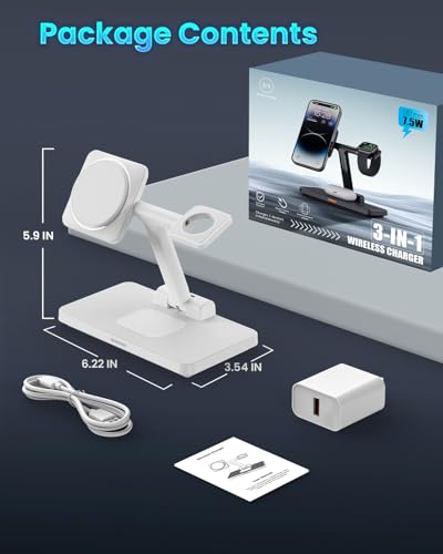 MagSafe 3 in 1 Wireless Charging Station: JoyGeek Portable Foldable Stand for iPhone 17 16 15 14 13 Pro Max Plus, Apple Watch, AirPods Pro (White) - color: Pure White