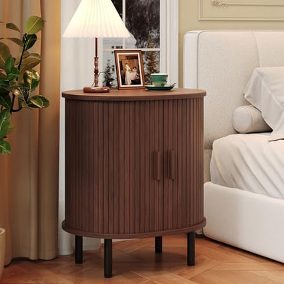 Oval End Table with Charging Station & Sliding Door (1, Walnut) - color: Walnut