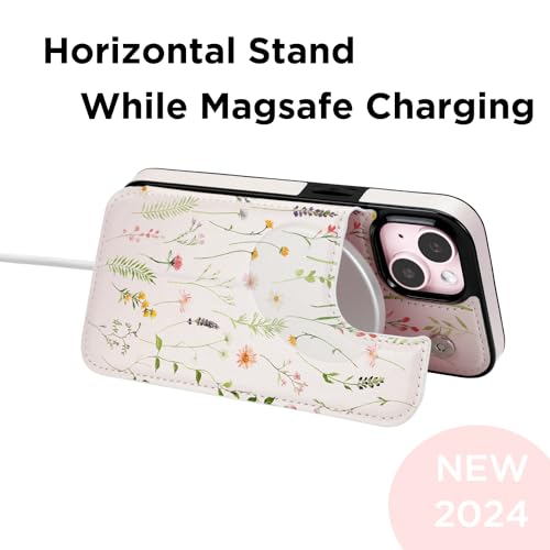 uCOLOR for iPhone 13/14 Wallet Case Magsafe with Card Holder Slot | Compatible with MagSafe,Folio Flip PU Leather Magnetic RFID Design, with Camera Lens Protector, Nude Wild Flower - color: Nude Wild Flower