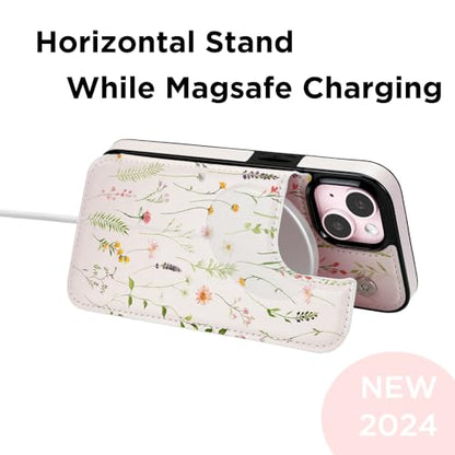 uCOLOR for iPhone 13/14 Wallet Case Magsafe with Card Holder Slot | Compatible with MagSafe,Folio Flip PU Leather Magnetic RFID Design, with Camera Lens Protector, Nude Wild Flower - color: Nude Wild Flower