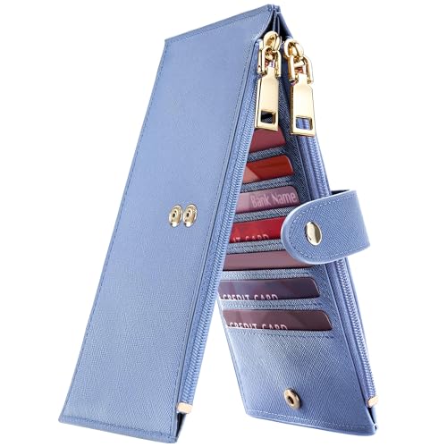 Travelambo RFID Wallet Women Large Size Bifold Multi Card Wallet Case with Zipper Pocke Credit Card Holder for Women - color: Gold Blue