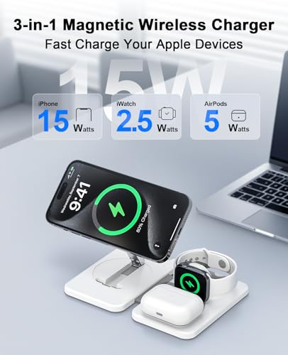 3 in 1 Magnetic Wireless Charger for Apple Multiple Devices, Foldable Fast Charging Station - Magsafe Charger Stand, Travel Charger Pad for iPhone 17 16 15 14 13 12 Series/Apple Watch/AirPods Pro - size: 1 Pack White