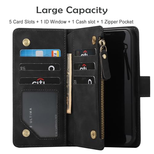 RANYOK iPhone 15 6.1 inch Flip Wallet Case with RFID Blocking, Zipper Pocket, Kickstand, Wrist Strap, Black Leather - color: Black