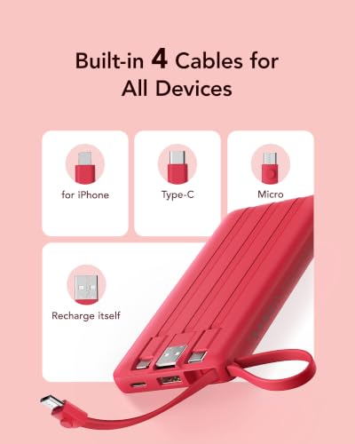 VRURC Portable Charger, Built in 4 Cables & Lanyard Power Bank 10000mAh - color: Magenta