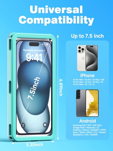 APRUT Waterproof Phone Pouch Case 7.5", 2025 Upgraded IPX8 Waterproof Phone Case for Snorkeling, Universal Fit for iPhone 16 Pro Max 15 14 13, Galaxy S25, Beach Vacation Essentials (Cyan) - color: Cyan