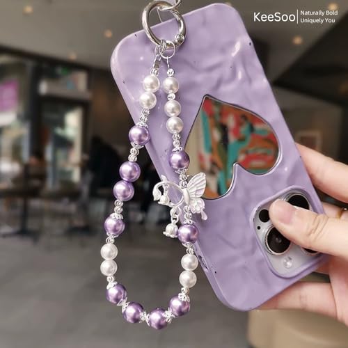 Korean-Style Pearl Butterfly Phone Charm - Luxe Hands-Free Elegance, Universally Compatible with iPhone & Android, Radiating Timeless Charm, Purple - color: 02 Purple Peal Butterfly