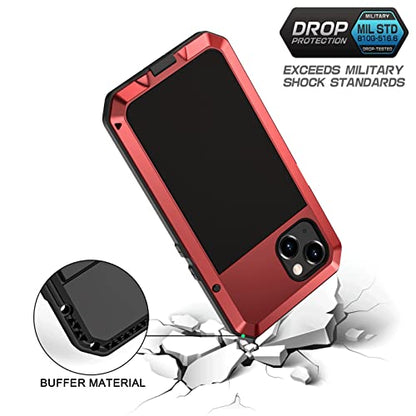 Lanhiem for iPhone 13 Metal Case, Heavy Duty Shockproof Tough Rugged Case with Built-in Glass Screen Protector, 360 Full Body Protective Cover for iPhone 13 6.1 inch, Red - color: Red