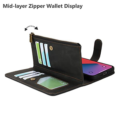 iCoverCase Compatible with iPhone 13 Wallet Phone Case with Card Holder, PU Leather Zipper Pocket Magnetic Detachable Flip Case with Wrist Strap (Black) - color: Detachable--Black