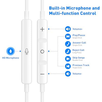 USB C Headphones Magnetic Wired Earbuds with Mic Volume Control 4ft White - color: White