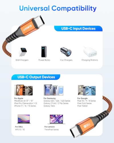 SUNGUY USB C to USB C 5FT [2Pack], 60W USB C Cable PD Fast Charging - color: Orange, size: 5FT