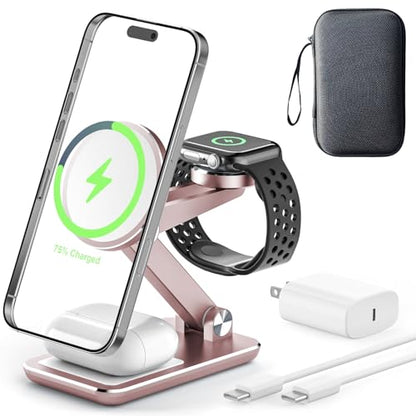 Wireless Charger 3 in 1,Foldable Wireless Charging Station for Apple MagSafe Charger,Aluminum Portable Magnetic Travel Charger Stand for iPhone,Watch,Aipods (with 20W Adapter & Case) - color: Gold