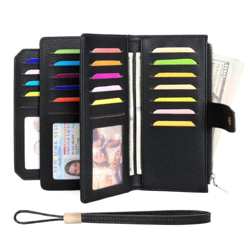GAEKEAO Womens Wallet RFID Blocking Large Capacity Vegan Leather Card Holder Wristlet Clutch with 32 Card Slots 4 ID Windows - color: X01-Black