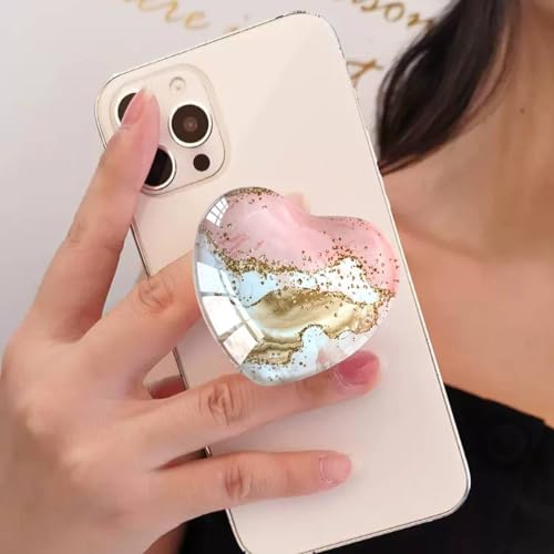 Expandiing Moblile Cell Phone Grip Heart Shape Glass Holder for Smartphones, Cellphone Collapsible Stand（Pink Gold Marble