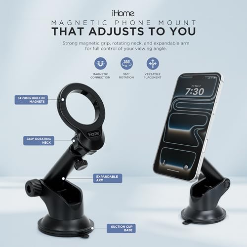iHome Car Mount, Dashboard/Windshield/Vent Mount, Swivel Neck, Silicone Grip, Adjustable Mount Arm with Suction Cup Base (Magnetic Car Mount) - style: Magnetic Car Mount