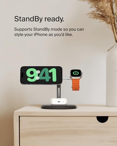 Belkin Qi2 15W Magnetic Wireless Charging Stand, 3 in 1 Fast Charger - color: Black