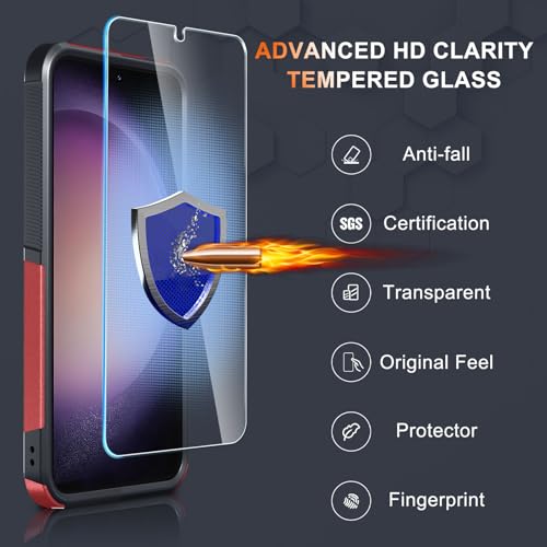 Case for Samsung Galaxy S24 FE, Full Body Heavy Duty Rugged Shockproof Protective Phone Cover with Lanyard Strap, Tempered Glass Screen Protector and Camera Lens Cover, Red | Rugged Shockproof Protective Case,with Tempered Glass Screen Protector + Camera