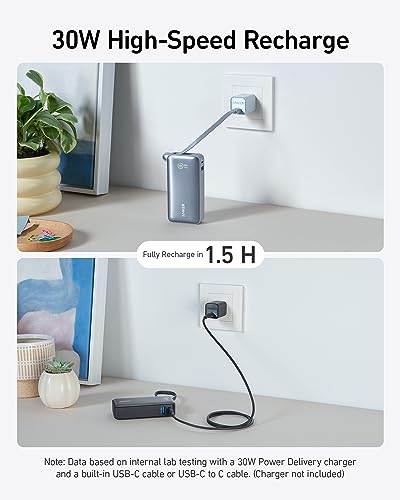 Anker Nano Power Bank,10,000mAh 30W Portable Charger,Built-in USB-C Cable - color: Ice Lake Blue
