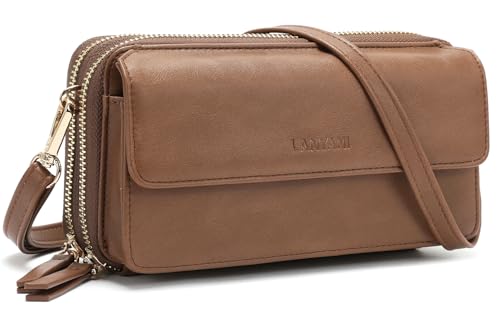 RFID Crossbody Wallet Wristlet Purse with Phone Pocket For Women Vegan Leather - color: B-retro Brown