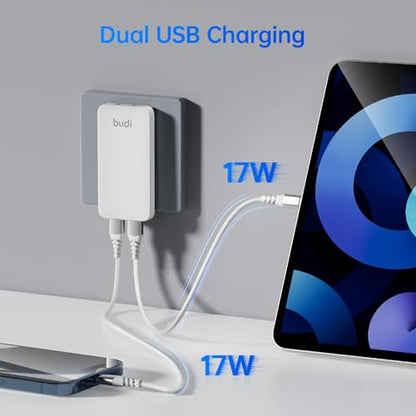 BUDI 17W Extra Slim Portable Wall Charger 2-Port USB-A Wall Charger Convenient Travel Accessories Compatible with IPad iPhone Samsung Galaxy Switch, Etc.(White) - color: 17W USB-A - White