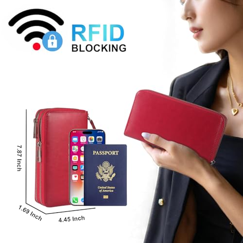 Women’s Wallet for Cell Phone Anti Theft Wristlet Bag with Strap RFID Blocking Double Zipper, Red - color: Red