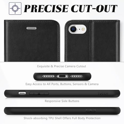 TUCCH Wallet Case for iPhone SE 2022/ iPhone 7/8/iPhone SE 2020 4.7", Black | 3 Card Holders, Kickstand, PU Leather, Shockproof TPU Shell, Magnetic Closure, Protective Folio Cover - color: Black