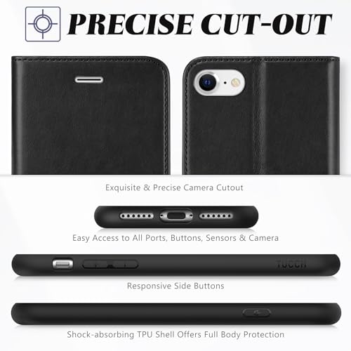 TUCCH Wallet Case for iPhone SE 2022/SE 2020/iPhone 7/8 4.7", Black & White | 3 Card Holders, Kickstand, PU Leather, Shockproof TPU Shell, Magnetic Closure, Protective Folio Cover - color: Black & White