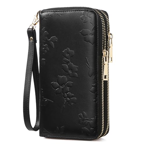 yiijay Womens Wallet RFID Blocking Large Capacity Vegan Leather Double Zip Wristlet Wallet Card Holder Travel Ladies Clutch - color: Black
