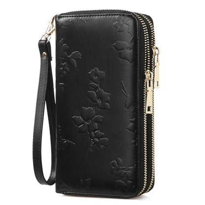 yiijay Womens Wallet RFID Blocking Large Capacity Vegan Leather Double Zip Wristlet Wallet Card Holder Travel Ladies Clutch - color: Black