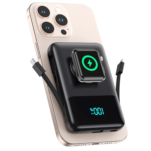 Magnetic Portable Charger for iPhone with Built-in Cable,10800mAh Wireless Power Bank for Magsafe Travel Essential,6-in-1 25W PD Fast Charging USB C Battery Pack for iPhone 17/16/15/14/13, Apple Watch
