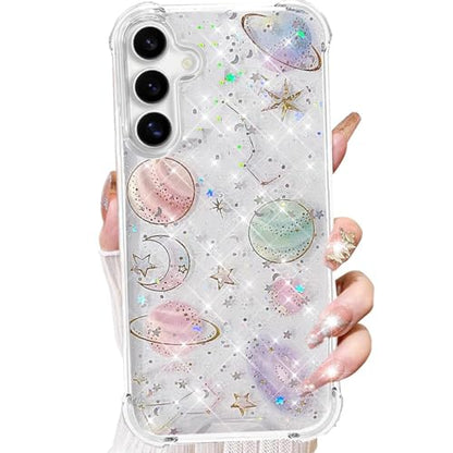 Changjia for Samsung Galaxy S26 Plus Clear Glitter Case, Cute Bling Sparkle Planet Space Stars Moon Universe Pattern Soft TPU Silicone Shockproof Women Girls Protective Case for Galaxy S26 Plus, Clear - size: for Samsung Galaxy S26 Plus 6.7"