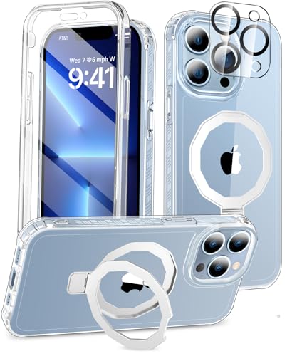 Compatible with iPhone 13 Pro Case, Built-in Screen Protector & Seamless Stand, with Camera Lens Protector, Strong Magnetic Clear Phone Case, Full Body Protective Cover for 6.1" (Clear) - color: Clear, size: iPhone 13 Pro 6.1"
