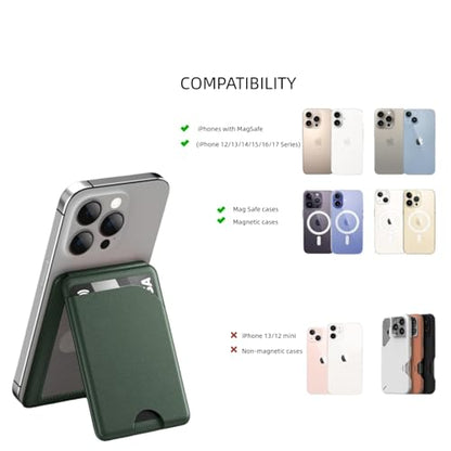 Magnetic Wallet for Mag-Safe with Adjustable Stand, 5 Card Holder, RFID Blocking,Upgraded Leather Card Holder Wallets Compatible with iPhone 17 16 15 14 13 12 Series - color: green folding support