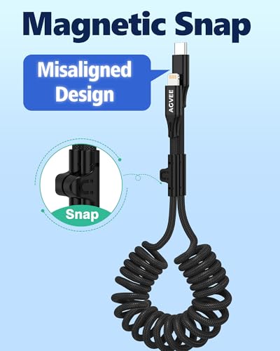 AGVEE 3ft Coiled USB-C to Lightning Cable [MFI Certified] Carplay - color: Black, size: 3ft