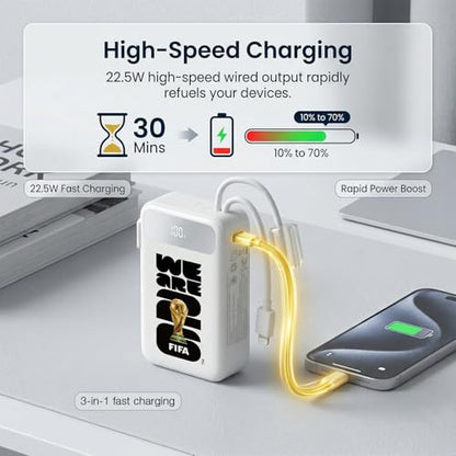 2026 FIFA Licensed Power Bank with Built-in Cable and Foldable Wall Plug, 22.5W 10000mAh Portable Charger, 3-in-1 Power Bank for iPhone 17/16 Series, FIFA World Cup 2026 Official Merchandise, White - color: White