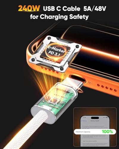 240W USB C Fast Charge & Data Cable 3 FT 2Pack for iPhone 15/16/17 Braided - color: Silvery, size: 3FT